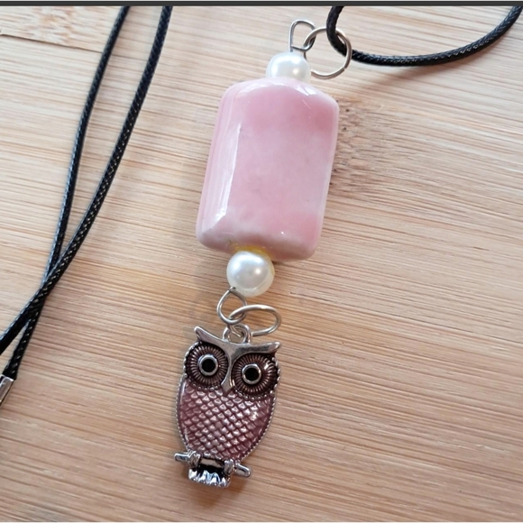 Pink and Silver Owl Pendant Necklace with Pearl - Picture 1 of 7